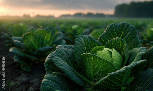 Wallpaper Mural Green cauliflower field at sunrise with dew on cabbage leaves, close up of vegetable rows and rural landscape evoking freshness and morning light Torontodigital.ca