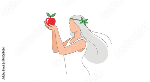 Elegant woman with long flowing hair wearing a floral crown and holding a ripe red apple as a symbol of nature and health.