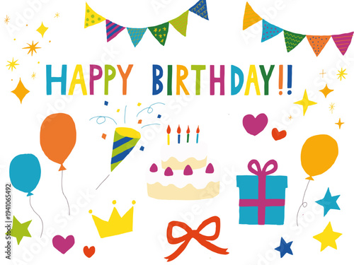 手描きイラストセット　誕生日　ケーキ　パーティー