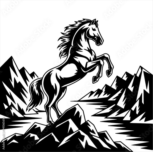 Foto Black-and-white vector silhouette of a horse rearing atop a rocky mountain peak with dramatic landscape, strength and freedom illustration