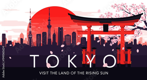 Tokyo Skyline with Torii Gate and Cherry Blossoms, Japan Travel Destination