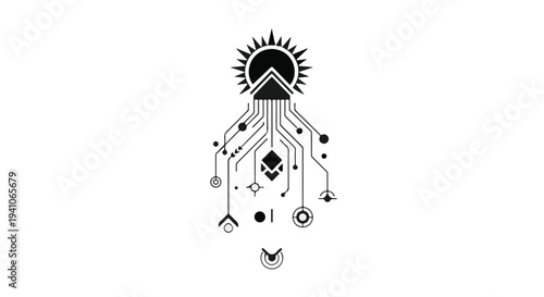 Abstract geometric sun and circuit design symbolizing growth and technology
