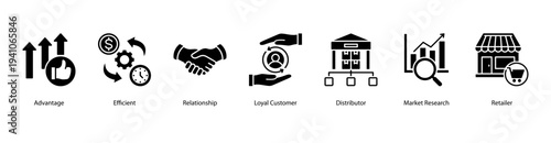 Market Relationship and Distribution web banner featuring Advantage, Efficient, Relationship, Loyal Customer, Distributor, Market Research, and Retailer.