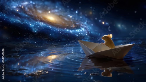 Curious mouse on paper boat exploring galaxy waters