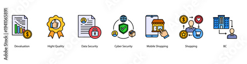 Business Quality and Digital Commerce web banner featuring Devaluation, High Quality, Data Security, Cyber Security, Mobile Shopping, Shopping, and B2C.