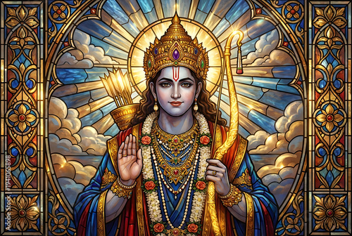 Divine stained glass art of lord rama with a halo and golden bow for rama puja festivals ram navami worship and the victory of dussehra