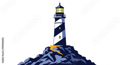 Tall blue and white striped lighthouse standing firmly on dark jagged rocks during the day with a clear sky and simple vector illustration style.