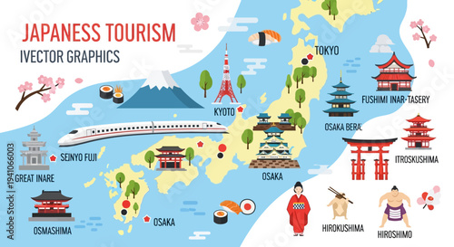 Japan Tourism Map: Iconic Landmarks, Culture, and Transport - Vector Graphics