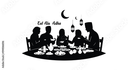 Family silhouette enjoying a celebratory feast during Eid Al Adha, illuminated by lanterns and a crescent moon.