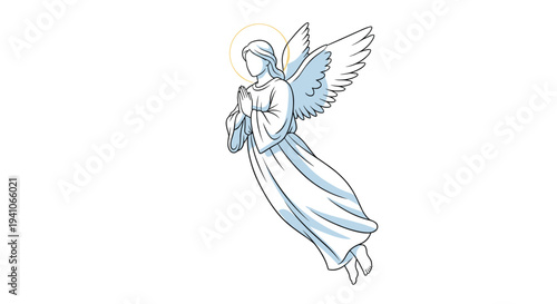 Elegant line art drawing of a winged angel in flowing robes with a golden halo praying with hands pressed together while floating in the air.