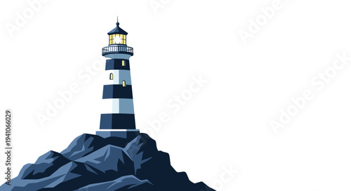 Coastal lighthouse perched on dark rocks at night with a bright beam of yellow light shining from its top to guide ships through the dark waters.