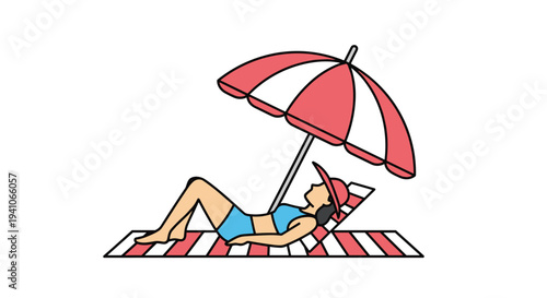 Woman wearing a blue bikini and sun hat lying on a red striped towel under a matching beach umbrella while enjoying a summer day by the seaside.