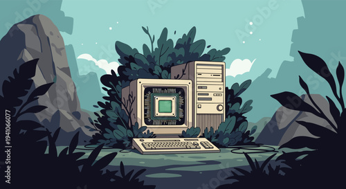 Conceptual digital art of an old vintage computer system abandoned in a lush green forest overgrown with thick foliage and plants under a soft sky.