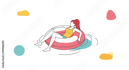 Minimalist line drawing with color accents of a young woman with a red ponytail floating on a pink inner tube in a pool with abstract shapes.