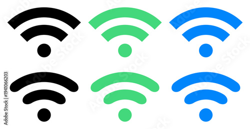 Vector WiFi icon set in black, green and blue showcasing rounded and angular signal designs, suitable for wireless internet or connectivity illustrations.