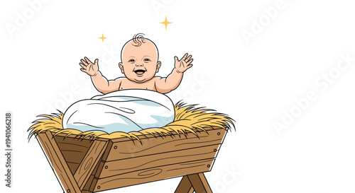 Happy baby Jesus with curly hair and sparkling stars above his head smiling while resting in a wooden manger filled with soft hay illustration.