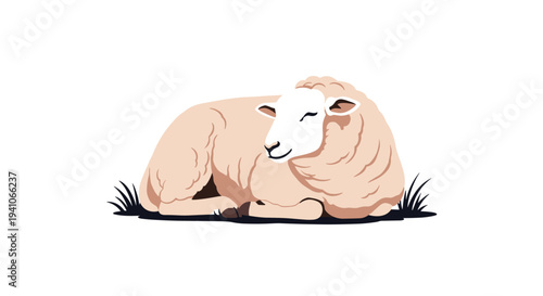Simple and clean vector illustration of a woolly white sheep resting peacefully on a small patch of green grass against a plain white background.