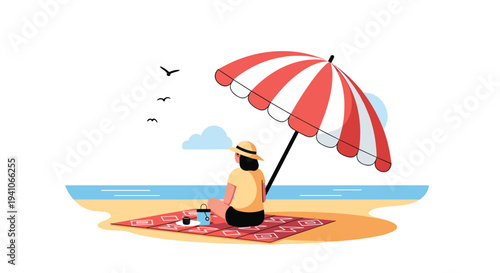 Young woman sitting on a patterned picnic blanket under a red and white umbrella at the beach while looking out towards the calm blue sea water.