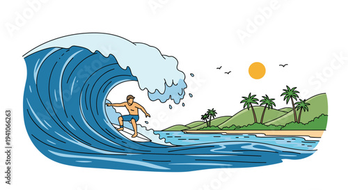 Exciting scene of a male surfer riding inside a large blue curling wave near a tropical coastline with palm trees hills and a bright golden sun.