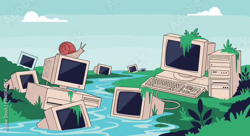Surreal landscape featuring a graveyard of old computer monitors and towers submerged in a river with a snail crawling on one of the machines.