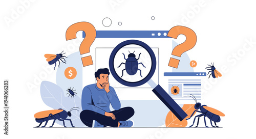 Frustrated man sitting on the floor and looking at a computer screen through a magnifying glass while surrounded by large black and orange bugs.