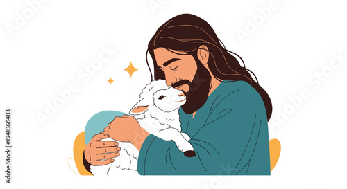 Warm and gentle illustration of Jesus with long hair and a beard hugging a soft white lamb with a peaceful expression and golden stars nearby.