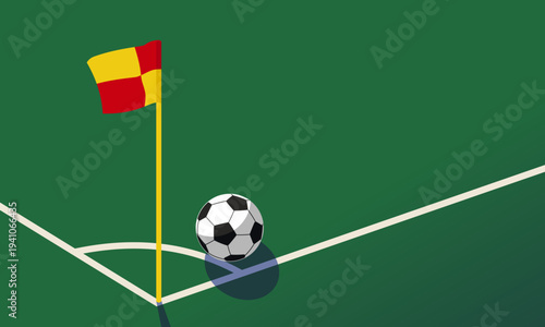 A corner flag and a soccer ball on a soccer field. Perfect for a soccer match poster design.