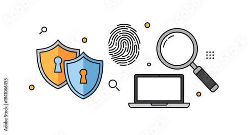Comprehensive set of cyber security icons including protective shields a digital fingerprint a laptop and a magnifying glass in a flat design.