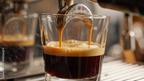 Espresso being poured into a clear glass cup.
