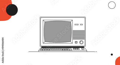 Minimalist line art drawing of a vintage desktop computer with a keyboard and small screen set against a white background with red and black circles.