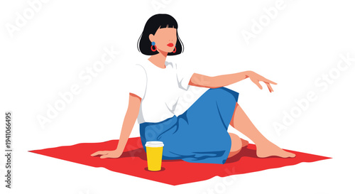 Modern illustration of a woman with black hair sitting on a red picnic blanket with a yellow coffee cup while relaxing against a white background.