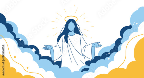 Divine illustration of Jesus with a halo and open arms standing among soft blue and orange clouds in a bright and heavenly sky with a glow.