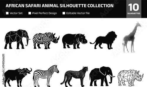 african safari animal silhouette collection including elephant rhino hippo lion giraffe buffalo zebra leopard wildlife black vector icon set isolated background