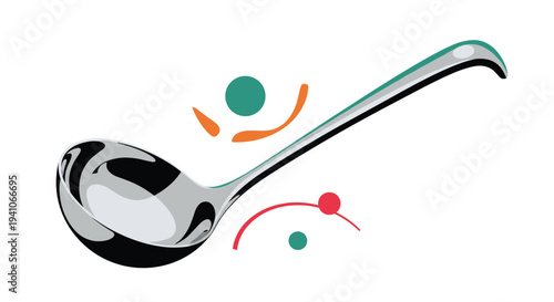 High quality shiny metal kitchen ladle shown at an angle with colorful abstract dots and curves in the background on a clean white background.