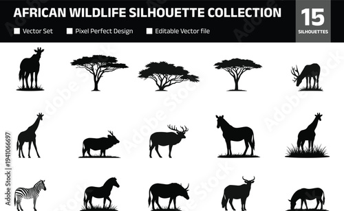 african wildlife silhouette collection with giraffe zebra antelope buffalo horse and acacia tree savanna animals black vector icon set isolated on light background