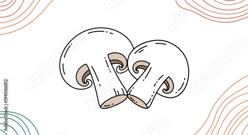 Two fresh white champignon mushrooms depicted in a clean line art style with brown and green wavy abstract lines in the corners of the image.