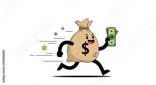 Fun cartoon illustration of a smiling brown money bag with black arms and legs running quickly while holding a fan of green dollar banknotes.