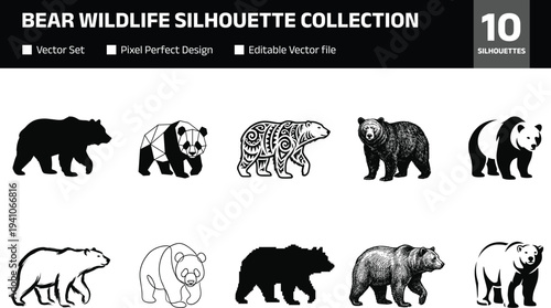 bear wildlife silhouette collection featuring panda brown bear geometric ornamental line art and halftone styles forest animal vector icon set isolated background