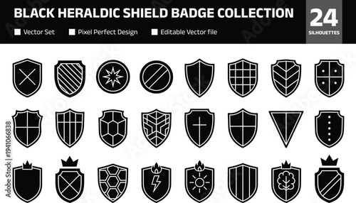 black heraldic shield badge collection with different pattern styles including crown lightning sun grid stripe medieval protection emblem set isolated on light background vector