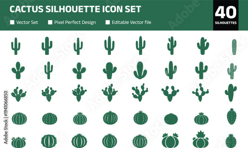 Cactus silhouette icon set featuring desert cacti prickly pear barrel cactus and saguaro plants isolated monochrome botanical collection for desert nature design