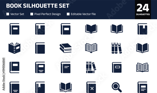 Book silhouette set with library icons featuring open and closed books stacked literature encyclopedia textbook and reading symbols for education and academic school design