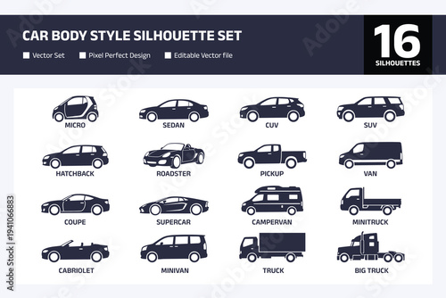 Car body style silhouette set with diverse vehicle types featuring sedan suv hatchback coupe supercar pickup truck van and campervan icons for automotive and transportation design