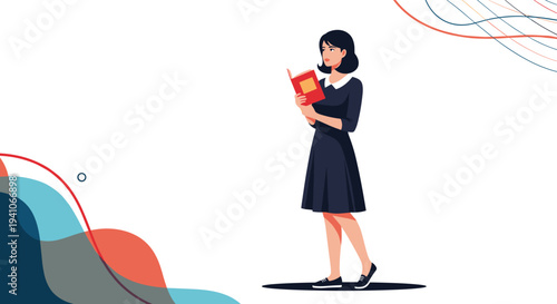 Young woman with short black hair wearing a dark dress and white collar standing and reading a red book while walking on a white background.