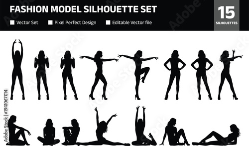Fashion model silhouette pose set with standing dancing stretching and sitting female figures isolated on white background, elegant girl body shapes collection for fitness fashion illustration