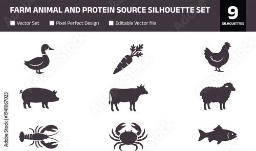 Farm animal and protein source silhouette set with livestock and seafood icons featuring cow pig sheep chicken duck fish crab lobster and carrot for agricultural design