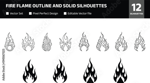 Fire flame icon set with outline and solid silhouettes isolated on white background, burning flame symbols collection for heat energy danger warning logo design