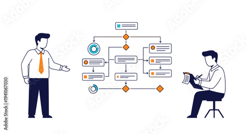 Professional man explaining a complex flowchart to another man sitting and taking notes in a clean business environment with a simple style.