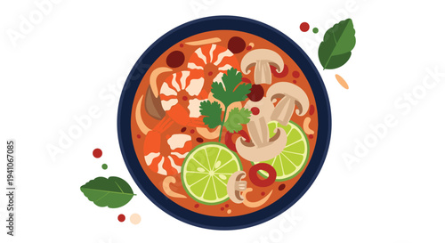 Top view of a spicy bowl of Tom Yum soup with large shrimps mushrooms lime slices and fresh cilantro leaves in a dark blue bowl on a white table.