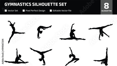 Gymnastics silhouette icon set with jumping stretching split and handstand poses isolated on white background, female gymnast athlete movement collection for sport fitness design