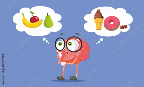 Healthy vs Unhealthy Food Choice with Brain Character. Human mind character choosing between nutritious fruits and sugary snacks
